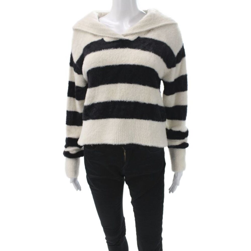 Designer Women Striped Collared Pullover Black 100% Nylon Long Sleeve Size S
